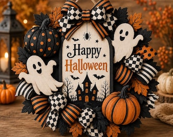 2D Flat Happy Halloween Wreath, Ghost Pumpkin Wooden Door Hanger, Black Orange Halloween Decor, Spooky Front Door Sign