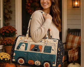 Blue Ghost Bus Halloween Quilted Duffel Bag, Cute Spooky Travel Bag, Fall Overnight Weekender