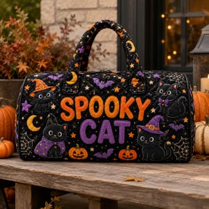 Spooky Cat Halloween Quilted Weekender Bag, Black Cat Duffel Bag, Cute Witchy Overnight Travel Bag, Cat Lover Gift