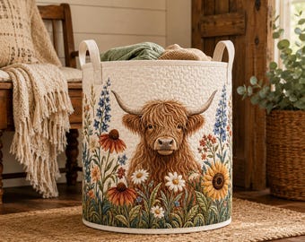 Highland Cow Wildflower Quilt Laundry Basket, Farmhouse Floral Storage Hamper, Rustic Country Nursery Bedroom Home Decor Gift