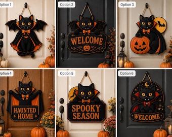 Vampire Black Cat Halloween Decor, Wooden Door Hanger, Spooky Cat Wall Sign, Halloween Home Decoration Gift