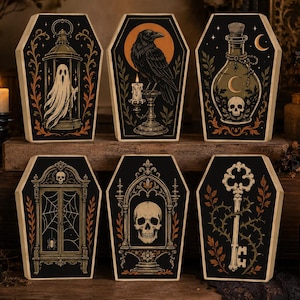 May include: Six coffin-shaped wooden plaques featuring black backgrounds and detailed illustrations in orange, cream, and dark green. Designs include a ghost in a lantern, a raven on a candle, a potion bottle with a skull, a spiderwebbed cabinet, a skull, and a key.