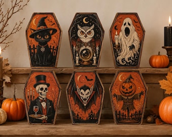 Halloween Wooden Block Decor, Vintage Retro Indoor Shelf Decoration, Cute Ghost Black Cat Pumpkin Skeleton, Mantel Decor