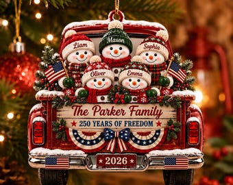 Personalized USA 250th Anniversary Christmas Ornament 2026, Custom Family Name Patriotic Snowman Tree Decoration, Family Keepsake Gift