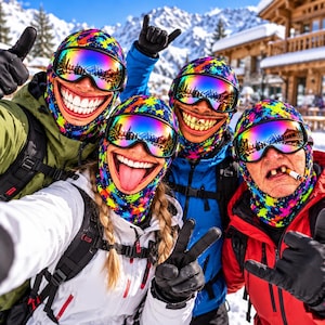 May include: Four individuals wearing colorful paint-splatter patterned balaclavas and reflective ski goggles. They are dressed in winter jackets, including olive green, blue, white, and red, with black gloves, while posing in a snowy mountain setting.