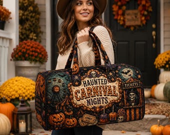 Haunted Carnival Nights Duffel Bag, Vintage Halloween Circus Travel Bag, Spooky Carnival Weekender Bag, Quilted Overnight Bag