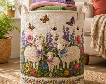 Sheep Wildflower Quilt Laundry Basket, Farmhouse Floral Storage Hamper, Quilted Nursery Laundry Bin, Spring Cottage Home Decor Gift