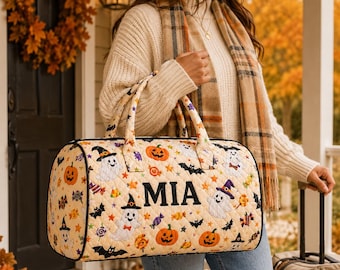 Personalized Halloween Quilted Weekender Bag, Custom Name Ghost Pumpkin Travel Duffel Bag