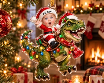 Personalized Baby Santa Dinosaur Christmas Ornament, Custom Photo 3D Keepsake, Kids Tree Decoration, First Christmas Gift
