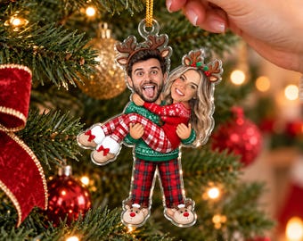 Personalized Couple Photo Christmas Ornament, Custom Reindeer Cartoon Acrylic Ornament, Romantic Holiday Keepsake Gift for Couples