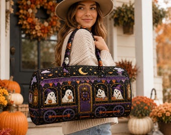 Ghoul Getaway Halloween Duffel Bag, Spooky Ghost Travel Bag, Haunted Road Trip Weekender Bag, Quilted Halloween Overnight Bag