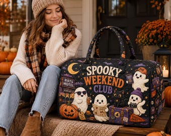 Spooky Weekend Club Duffel Bag, Cute Ghost Halloween Travel Bag, Pumpkin Weekend Bag, Quilted Halloween Overnight Bag