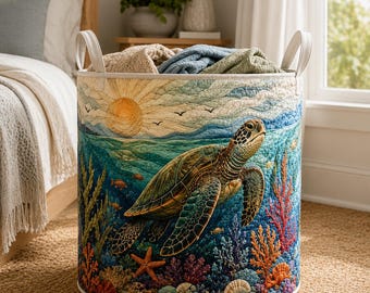 Sea Turtle Coral Reef Quilt Laundry Basket, Ocean Underwater Storage Hamper, Coastal Nursery Bedroom Bathroom Home Decor Gift