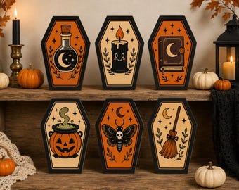 Retro Halloween Wooden Decor, Indoor Shelf Sitter Block, Cute Ghost Pumpkin Black Cat Skeleton Owl, Vintage Fall Decor