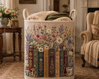 Bookish Wildflower Quilt Laundry Basket, Floral Library Storage Hamper, Cottagecore Bookshelf Laundry Bin, Reading Nook Home Decor Gift