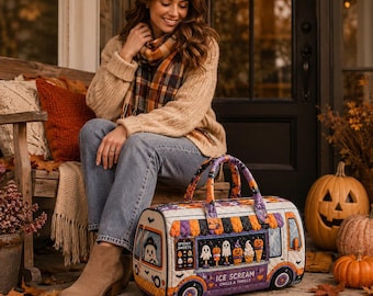 Halloween Ice Cream Truck Quilted Weekender Bag, Ghost Treats Travel Duffel, Spooky Cute Bag