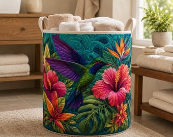Hummingbird Hibiscus Tropical Quilt Laundry Basket, Floral Storage Hamper, Quilted Laundry Bin, Summer Nursery Bedroom Decor Gift