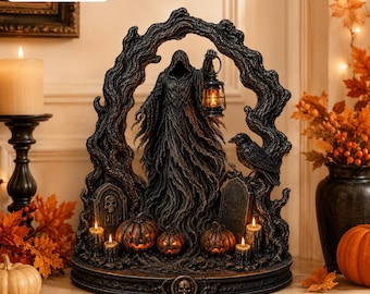 Grim Reaper Halloween Decor, 2D Flat Wooden Shelf Sitter, Gothic Pumpkin Tabletop Sign, Spooky Raven Fall Decoration, Halloween Gift