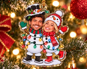 Personalized Couple Photo Christmas Ornament, Custom Snowman Cartoon Acrylic Ornament, Romantic Holiday Keepsake Gift for Couples