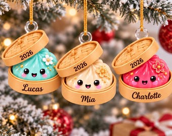 Personalized Glitter Dumpling Christmas Ornament, Custom Name Bamboo Steamer Decor, Foodie Gift, 2026 Holiday Keepsake