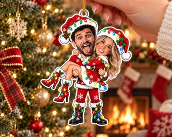 Personalized Couple Photo Christmas Ornament, Custom Face Acrylic Tree Decoration, Funny Holiday Keepsake Gift for Husband and Wife