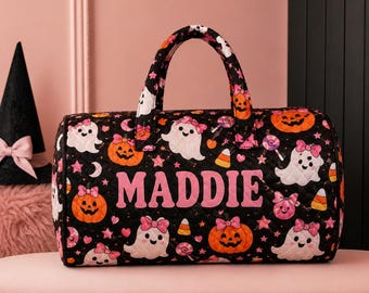 Personalized Pink Halloween Quilted Duffel Bag, Custom Name Ghost Pumpkin Overnight Bag