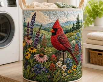 Cardinal Wildflower Quilt Laundry Basket, Red Bird Mountain Floral Storage Hamper, Nature Nursery Bedroom Home Decor Gift