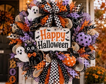 2D Flat Printed Halloween Happy Halloween Door Wreath, Ghost Cat Pumpkin 2D Printed Front Door Sign, Purple Orange Spooky Porch Decor Gift