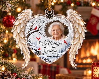 Personalized Memorial Photo Christmas Ornament, Custom Angel Wings Heart Keepsake, In Loving Memory Gift, Loss of Grandma Remembrance Decor