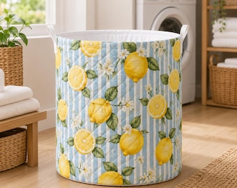 Lemon Blue Stripe Quilted Laundry Basket, Citrus Floral Storage Bin, Summer Farmhouse Laundry Hamper, Bathroom Nursery Decor