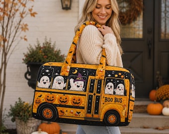 Yellow Ghost Bus Halloween Quilted Duffel Bag, Pumpkin Travel Bag, Cute Spooky Weekender