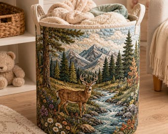 Deer Mountain River Quilt Laundry Basket, Forest Wildlife Storage Hamper, Rustic Cabin Nursery Bedroom Home Decor Gift