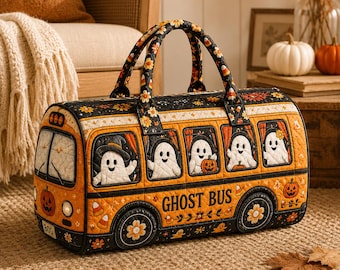 Ghost Bus Halloween Quilted Weekender Bag, Spooky Cute Travel Duffel Bag, Fall Overnight Bag