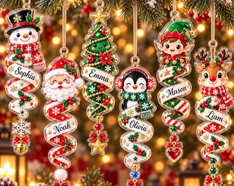 Personalized Christmas Spiral Ornament, Custom Name Santa, Snowman, Reindeer, Penguin or Elf Acrylic Keepsake, Kids Tree Decoration