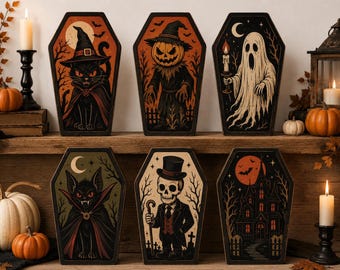 Vintage Halloween Shelf Decor, Wooden Block Halloween Decoration, Cute Ghost Pumpkin Black Cat Skeleton, Fall Home Decor