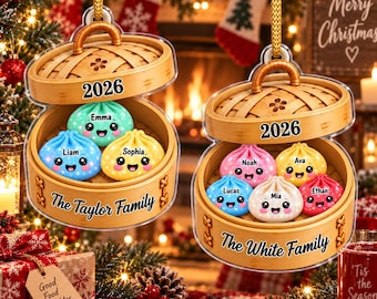 Personalized Glitter Dumpling Christmas Ornament, Custom Family Names, Bamboo Steamer Decor, 2026 Holiday Keepsake Gift