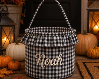 Custom Kids Halloween Bag, Personalized Embroidered Name Basket, Gingham Trick or Treat Candy Tote