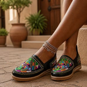 Puede incluir: Un par de zapatos negros sin cordones con un intrincado bordado geométrico multicolor en el empeine. Los zapatos tienen un diseño de perfil bajo con una suela de goma estriada de color tostado y un acabado negro liso en el talón y los laterales.