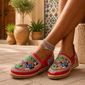 Puede incluir: Un par de zapatos sin cordones de color rojo con intrincados bordados geométricos multicolores en la punta y los laterales. Los zapatos tienen un acabado liso similar al cuero rojo, una silueta de perfil bajo y una suela de goma plana clara.
