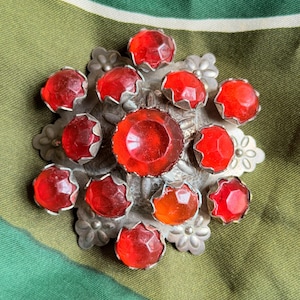 Large Antique original Latvian Folk Costume Sakta Brooche with ruby red cut paste stones.