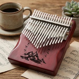 Può includere: Un kalimba color mogano con denti d'argento, con un disegno di montagna e luna. Lo strumento poggia su spartiti, con una tazza di caffè e una pianta succulenta sullo sfondo. Uno strumento musicale.