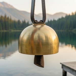 Sino de meditação artesanal em latão com baqueta de chifre natural para cura sonora e decoração de exteriores.