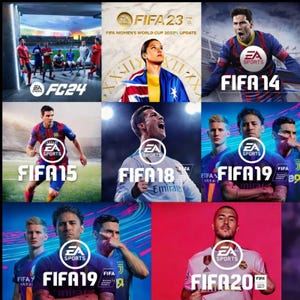 May include: A collage of FIFA video game covers, including FIFA 23, FIFA 14, FIFA 15, FIFA 18, FIFA 19, and FIFA 20. Each cover features the EA Sports logo and a prominent soccer player or team scene. The FC24 cover is also included.