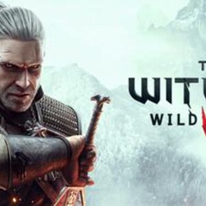 May include: A promotional image for "The Witcher 3: Wild Hunt" video game. The image features a stern-faced man with long, white hair, holding a sword. The game's title is displayed in bold, black letters with a red emblem.