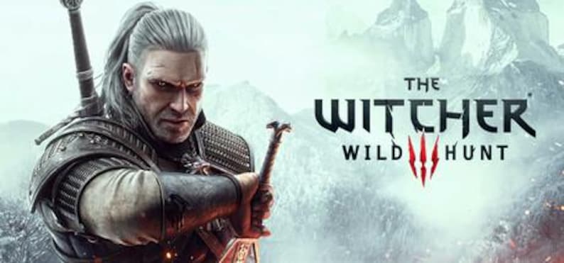 May include: A promotional image for "The Witcher 3: Wild Hunt" video game. The image features a stern-faced man with long, white hair, holding a sword. The game's title is displayed in bold, black letters with a red emblem.