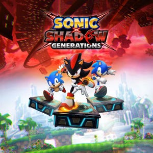 May include: A promotional image for "Sonic x Shadow Generations" features Sonic, Shadow, and another Sonic character. The game's title is displayed in yellow and red, with a cityscape background. The characters are standing on platforms.