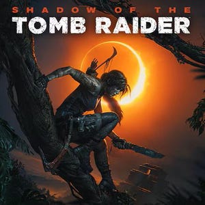 May include: The cover art for "Shadow of the Tomb Raider" features a woman in action, perched on a tree branch. She is holding a weapon, with a bow and arrow on her back. The background shows a bright orange sun.