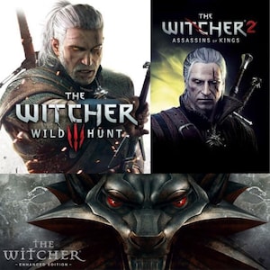 May include: A composite image featuring three different covers of "The Witcher" video game series. The top left shows Geralt of Rivia from "Wild Hunt", the top right shows Geralt from "Assassins of Kings", and the bottom shows a wolf's head with red eyes.