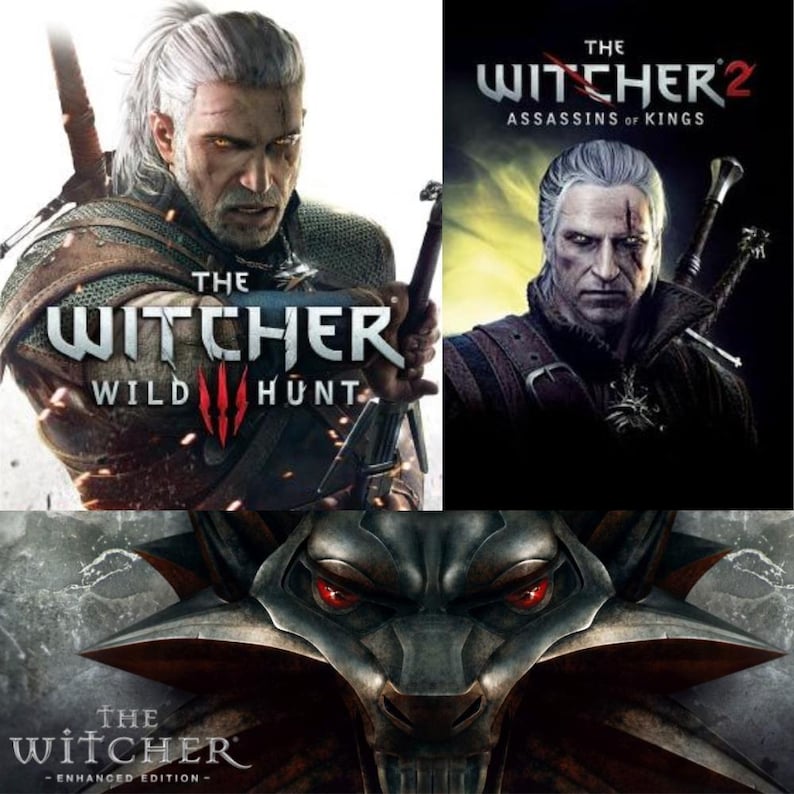 May include: A composite image featuring three different covers of "The Witcher" video game series. The top left shows Geralt of Rivia from "Wild Hunt", the top right shows Geralt from "Assassins of Kings", and the bottom shows a wolf's head with red eyes.