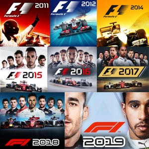 Könnte beinhalten: Eine Collage von Formel-1-Postern von 2011 bis 2019. Jedes Poster zeigt das Formel-1-Logo und das Jahr. Einige Poster zeigen Rennwagen, während andere Fahrer zeigen. Das Farbschema umfasst Rot, Schwarz und Weiß.